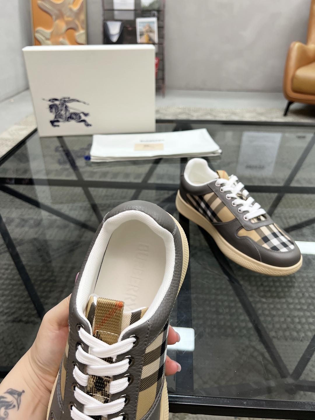 Burberry Men's Vintage Check Leather Sneakers, Lace-Up Casual Shoes 8 cmp i1751007241168 5776 0 6