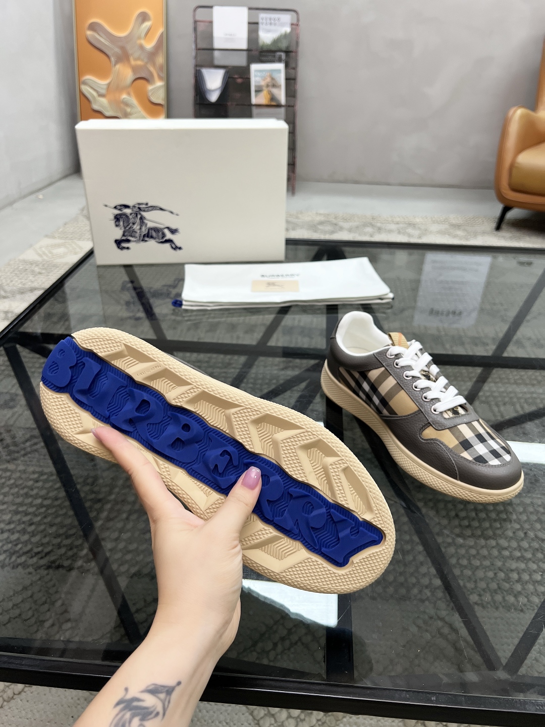 Burberry Men's Vintage Check Leather Sneakers, Lace-Up Casual Shoes 10 cmp i1751007246161 4372 0 8