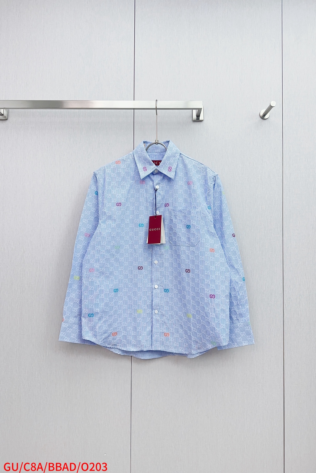 Gooch 25ss’ New Regular Shirt: Light Blue & White Striped Cotton with GG Cutter - 图片 1