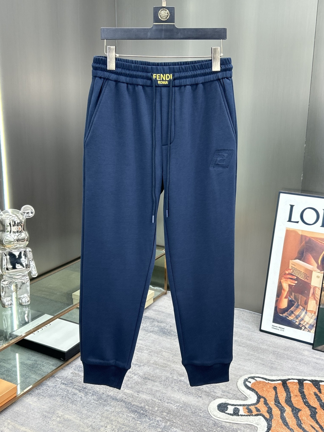 Fendi Roma Fleece Joggers, Slim Fit, Casual Sweatpants for Men, Navy