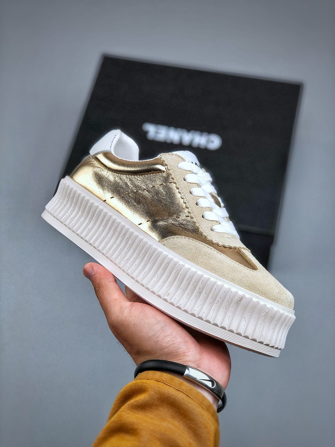 Chanel Women's Casual Sneakers Thick Bottom Leather Upper Gold and Beige 2 cmp i1746479801421 2149 0 0