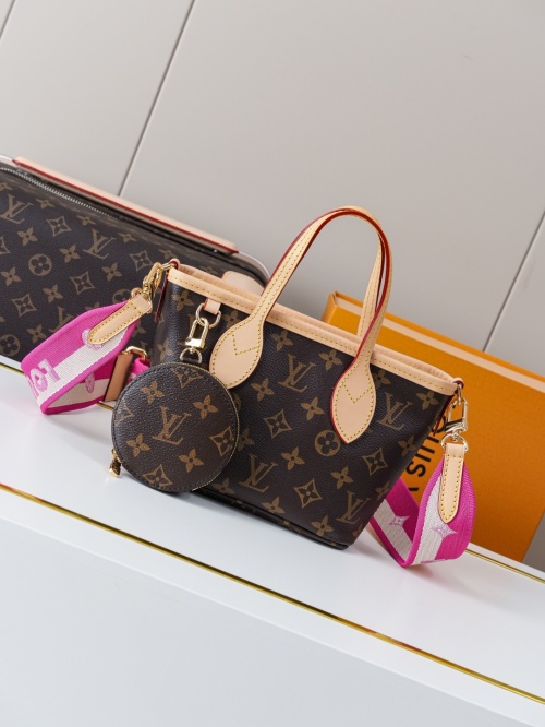 Louis Vuitton Neverfull BB Handbag Monogram Canvas with Pink Strap 1 Louis Vuitton Neverfull BB Handbag Monogram Canvas with Pink Strap