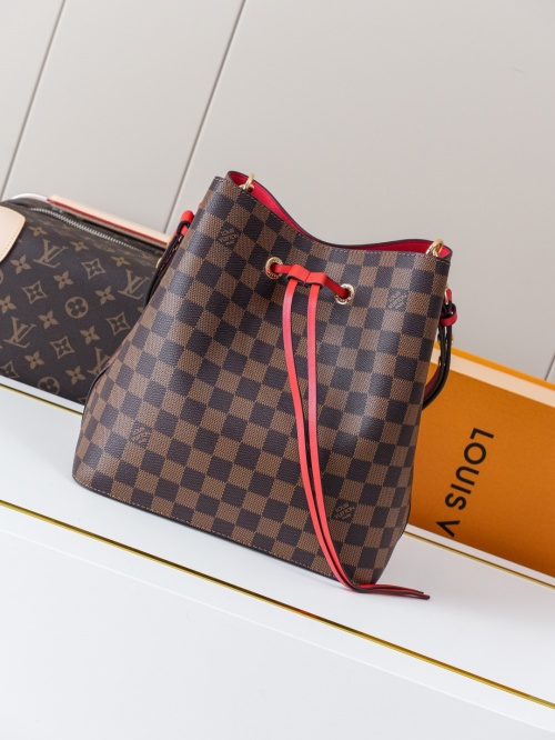 Louis Vuitton NéoNoé Bucket Bag Damier Ebene with Red Leather Trim 1 Louis Vuitton NéoNoé Bucket Bag Damier Ebene with Red Leather Trim