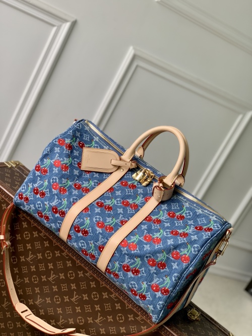 Louis Vuitton Keepall Bandouliere 45 Monogram Denim Cherry Travel Bag 1 Louis Vuitton Keepall Bandouliere 45 Monogram Denim Cherry Travel Bag