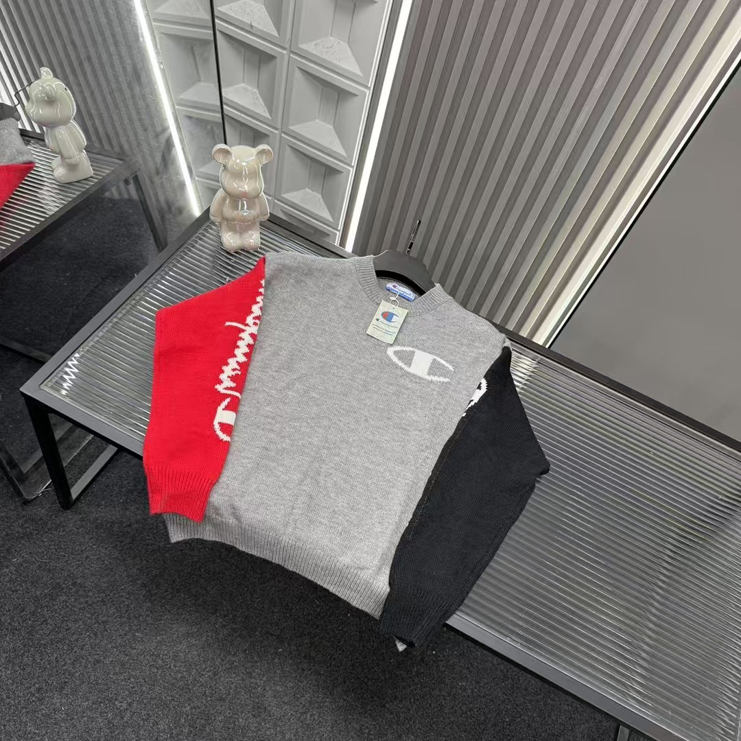 🛒购物价：💰129 秋冬爆款热销款推荐⭐冠军针织毛衣  三拼色撞色 字母麒麟臂图案Logo🪡三标齐全官网一致，放大看细节📷原相机实物拍摄 
颜色：图片色
尺码：L-4xl
 L（80～105斤）
XL（105～120斤）
2XL（120～140斤）
3XL（140～160斤）
4XL（160～180斤）