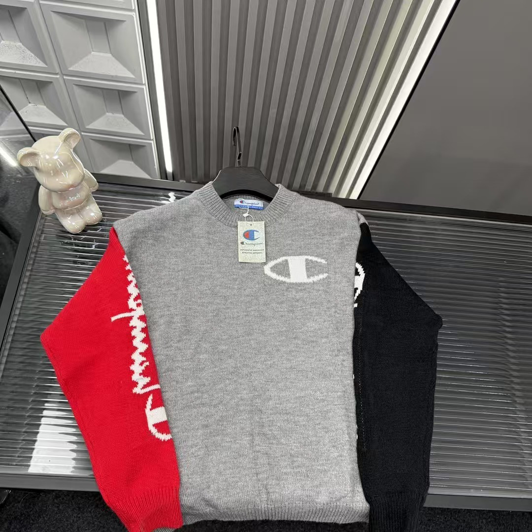 🛒购物价：💰129 秋冬爆款热销款推荐⭐冠军针织毛衣  三拼色撞色 字母麒麟臂图案Logo🪡三标齐全官网一致，放大看细节📷原相机实物拍摄 
颜色：图片色
尺码：L-4xl
 L（80～105斤）
XL（105～120斤）
2XL（120～140斤）
3XL（140～160斤）
4XL（160～180斤）