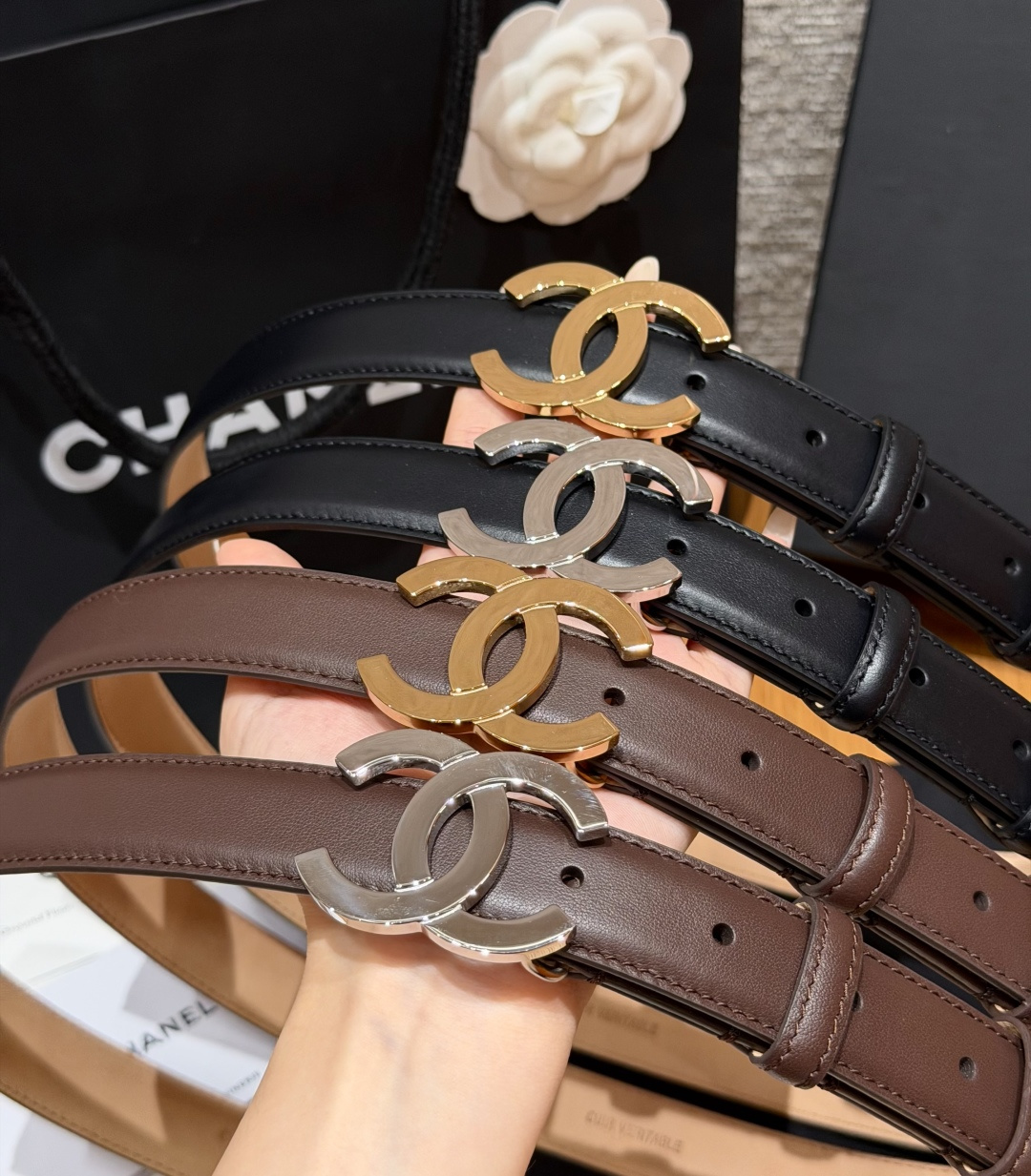 🤩集合对比图 香家✨ Leather Belt 25mm 皮质腰带 经典双C扣单层小牛皮腰带。小牛皮与金属。外侧光面小牛