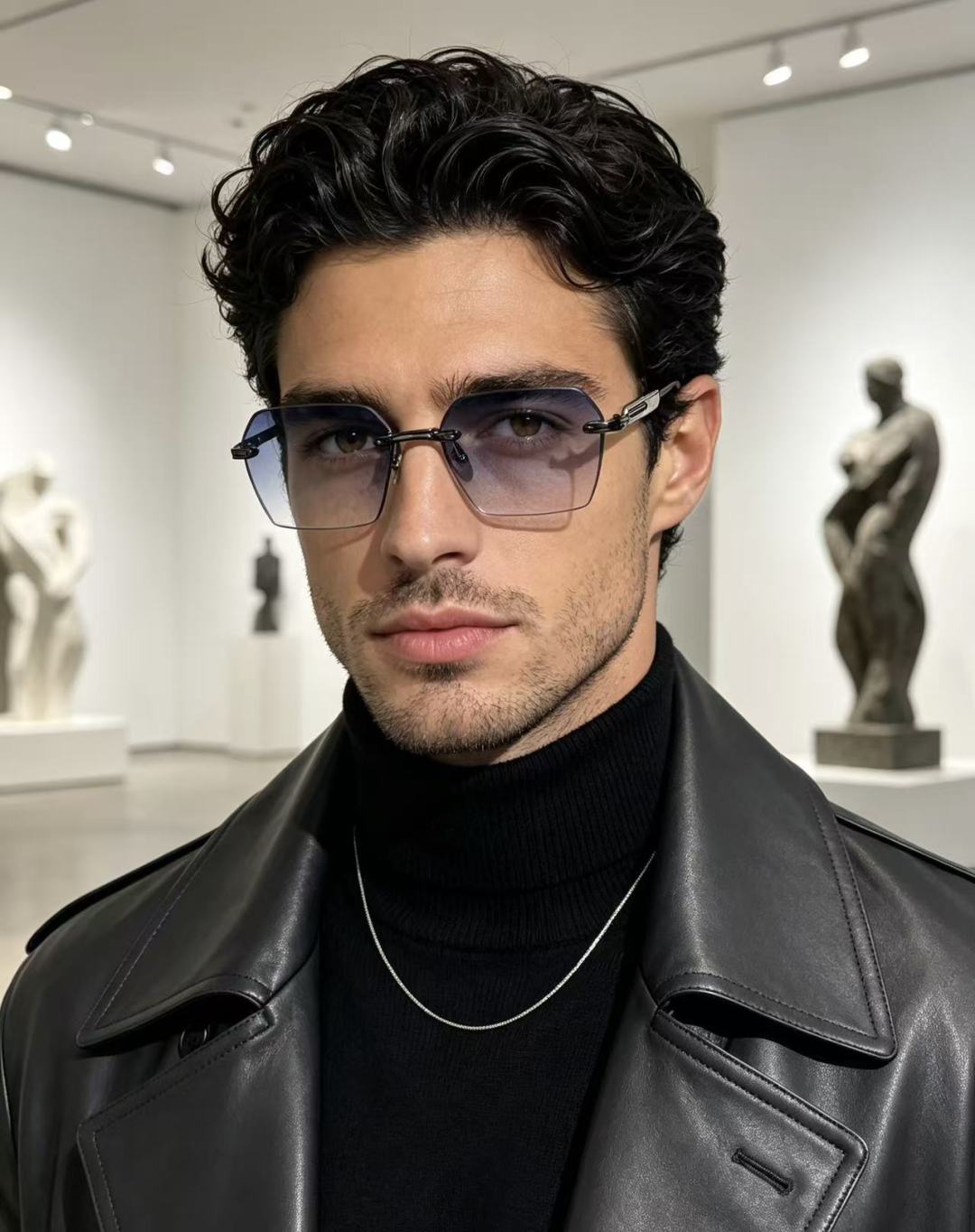 JOHN DALIA R03眼镜，尽显永恒优雅——这款男女皆宜的无框眼镜，兼具精致与舒适。圆角矩形镜框轮廓，宽阔的凹槽鼻