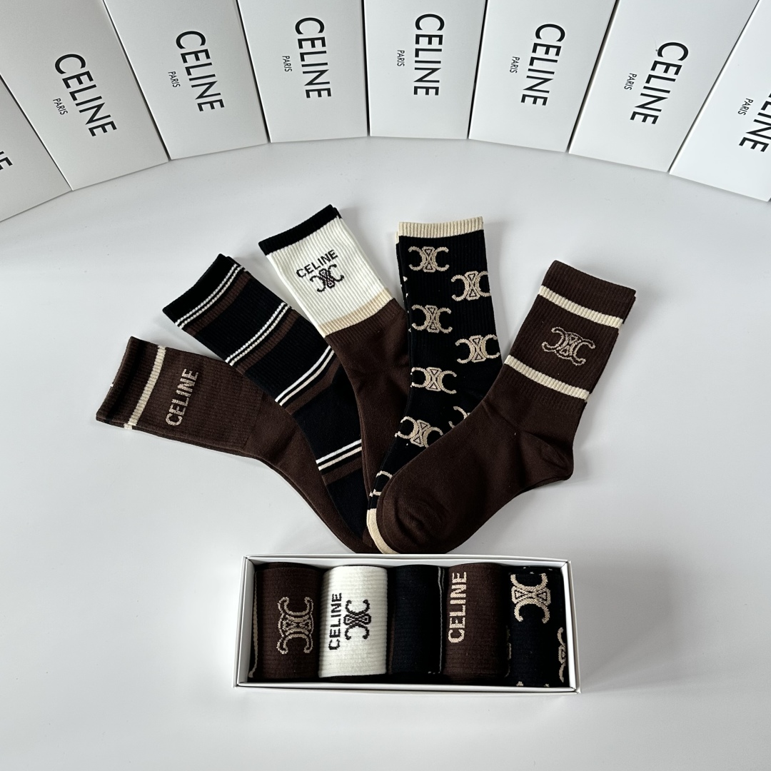 💛配包装Celine（赛琳）新款经典中长筒袜堆堆袜袜子！一盒五双， 专柜同步筒袜袜子，💛大牌出街，潮人必