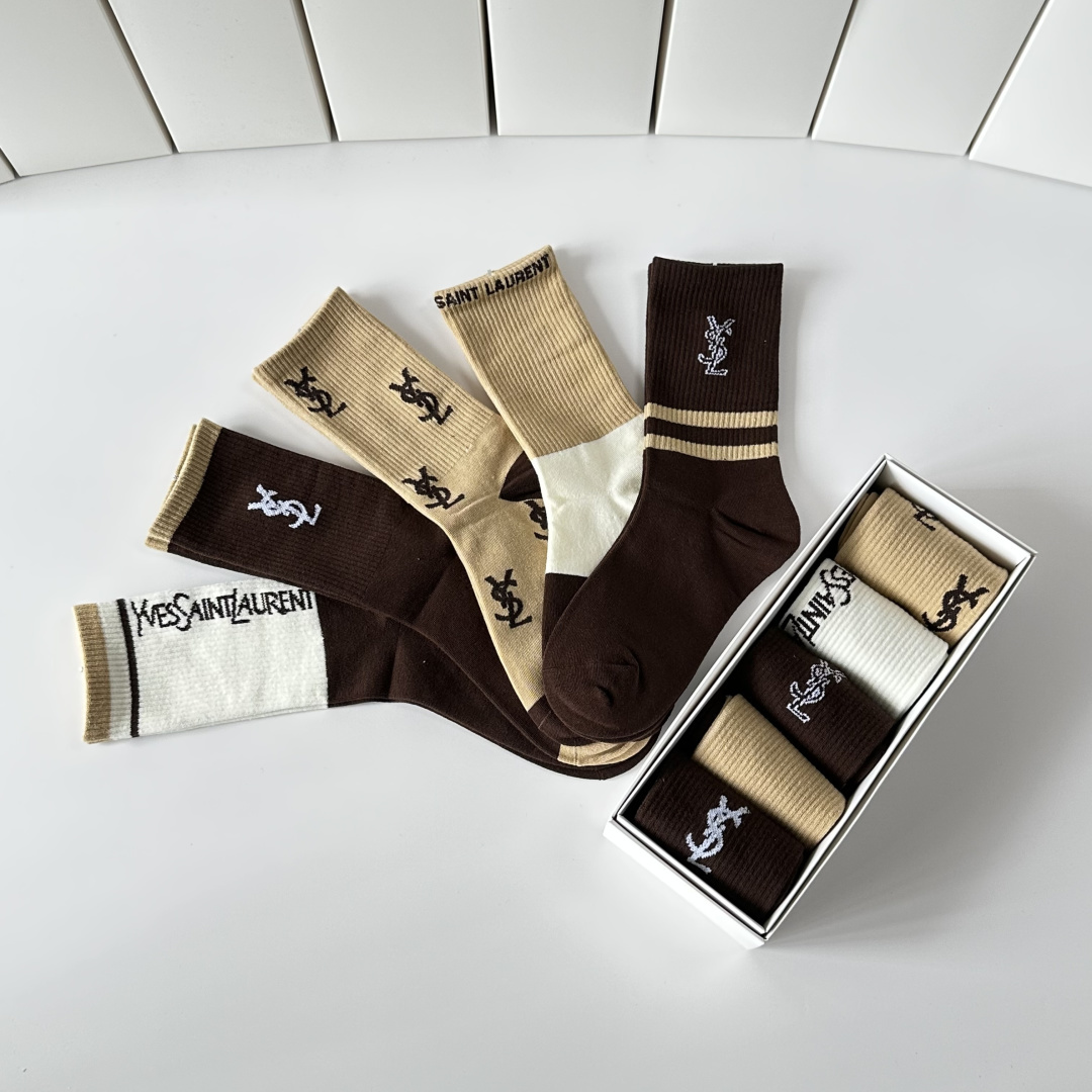 💛配专柜包装YSL（圣罗兰）新款中长款堆堆袜袜子！一盒五双，专柜同步筒袜袜子，💛大牌出街，潮人必备🔥超好