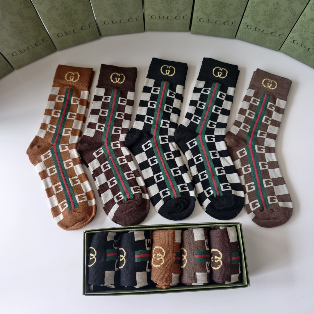 💛配包装GUCCI（古驰）新款双针经典中长款堆堆袜袜子！一盒五双， 专柜同步筒款袜子，💛大牌出街，潮人必