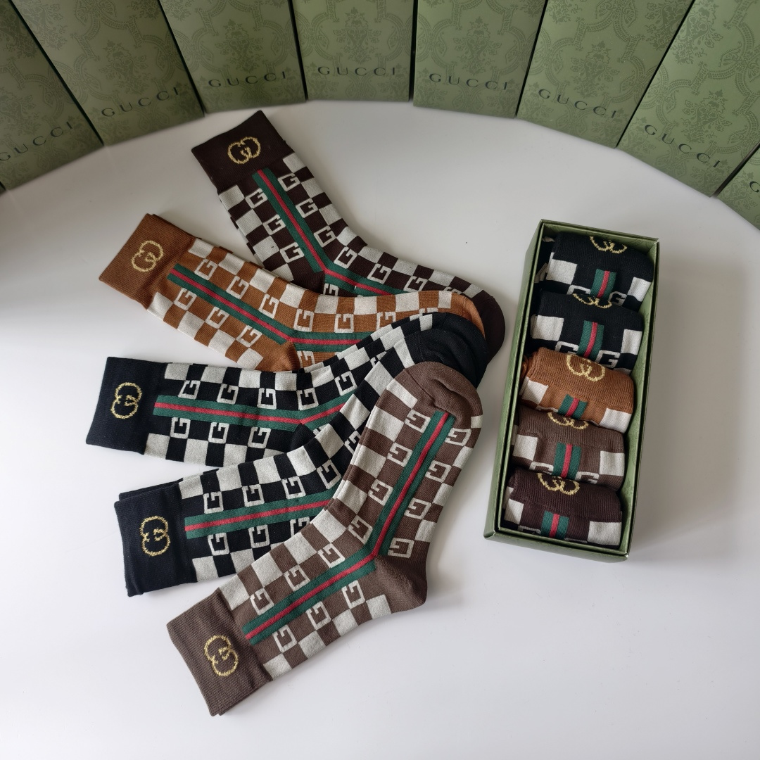 💛配包装GUCCI（古驰）新款双针经典中长款堆堆袜袜子！一盒五双， 专柜同步筒款袜子，💛大牌出街，潮人必