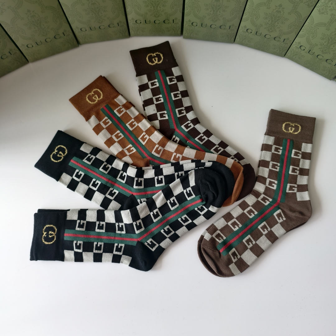 💛配包装GUCCI（古驰）新款双针经典中长款堆堆袜袜子！一盒五双， 专柜同步筒款袜子，💛大牌出街，潮人必