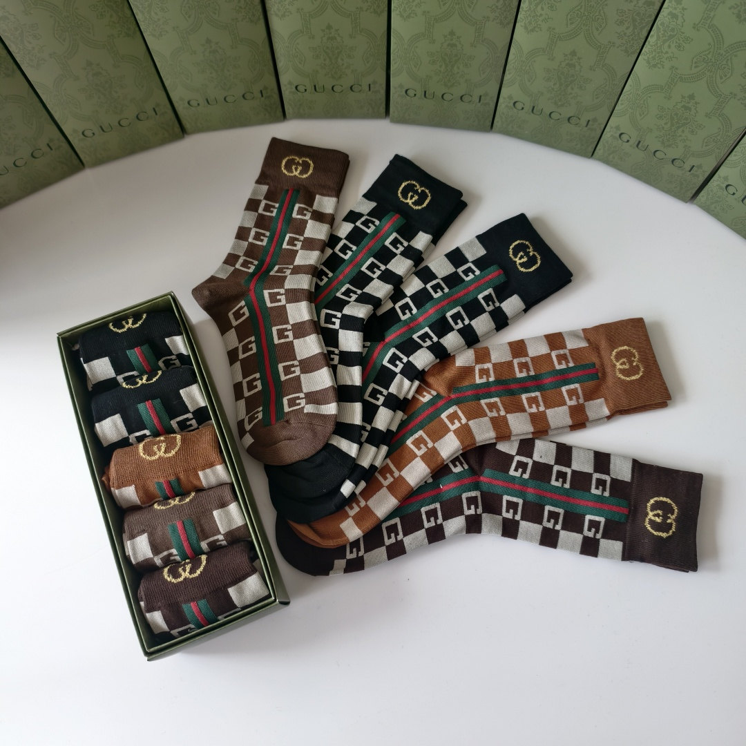 💛配包装GUCCI（古驰）新款双针经典中长款堆堆袜袜子！一盒五双， 专柜同步筒款袜子，💛大牌出街，潮人必