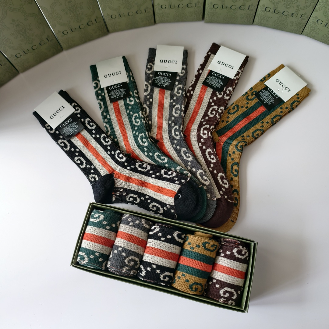 💛配包装GUCCI（古驰）新款双针经典中长款堆堆袜袜子！一盒五双， 专柜同步筒款袜子，💛大牌出街，潮人必
