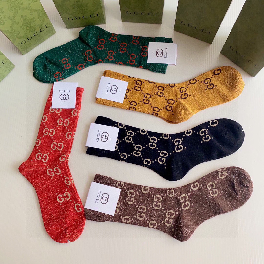 💛配专柜包装Gucci（古驰）新款金丝中长款堆堆袜袜子！一盒五双，专柜同步筒袜袜子，💛大牌出街，潮人必备