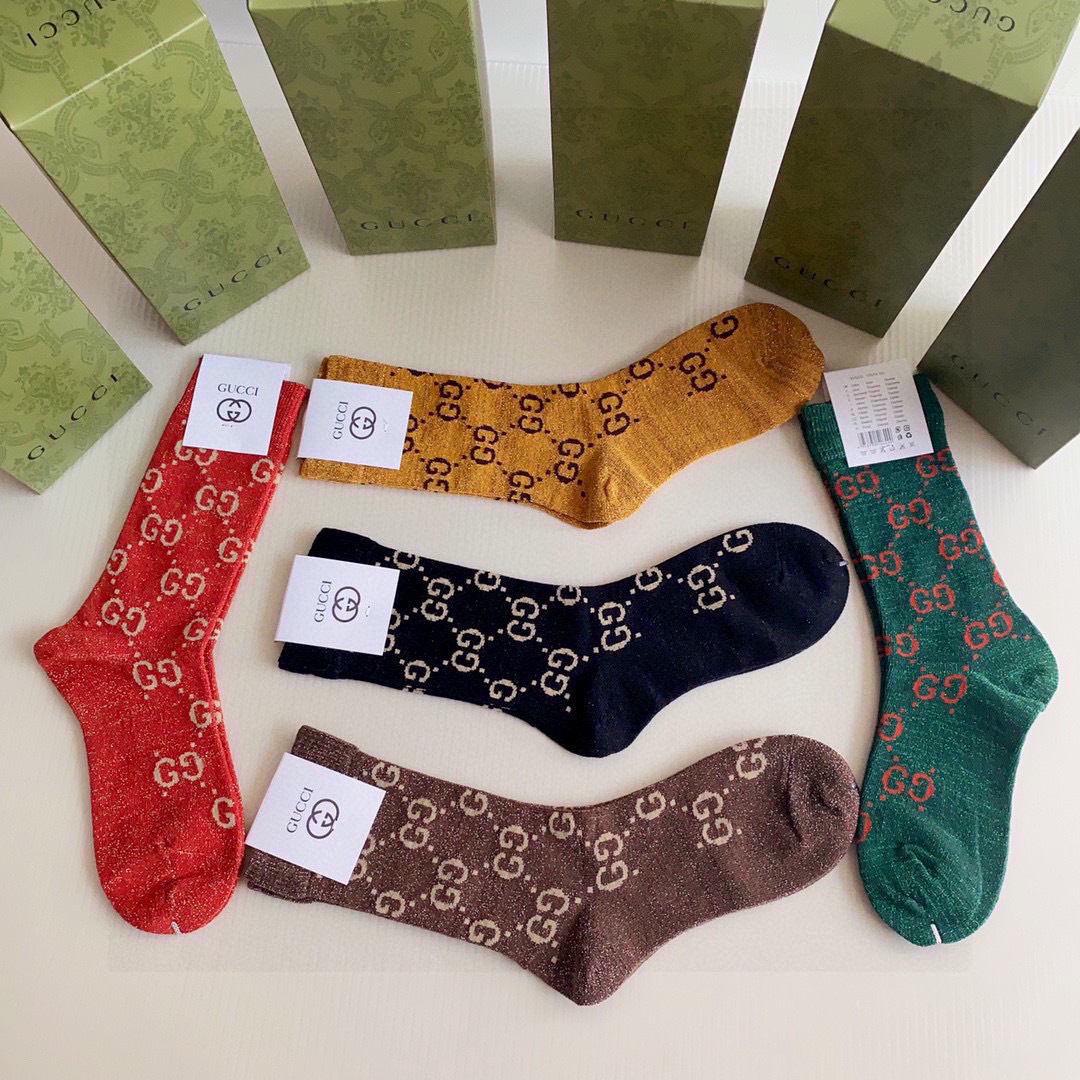 💛配专柜包装Gucci（古驰）新款金丝中长款堆堆袜袜子！一盒五双，专柜同步筒袜袜子，💛大牌出街，潮人必备