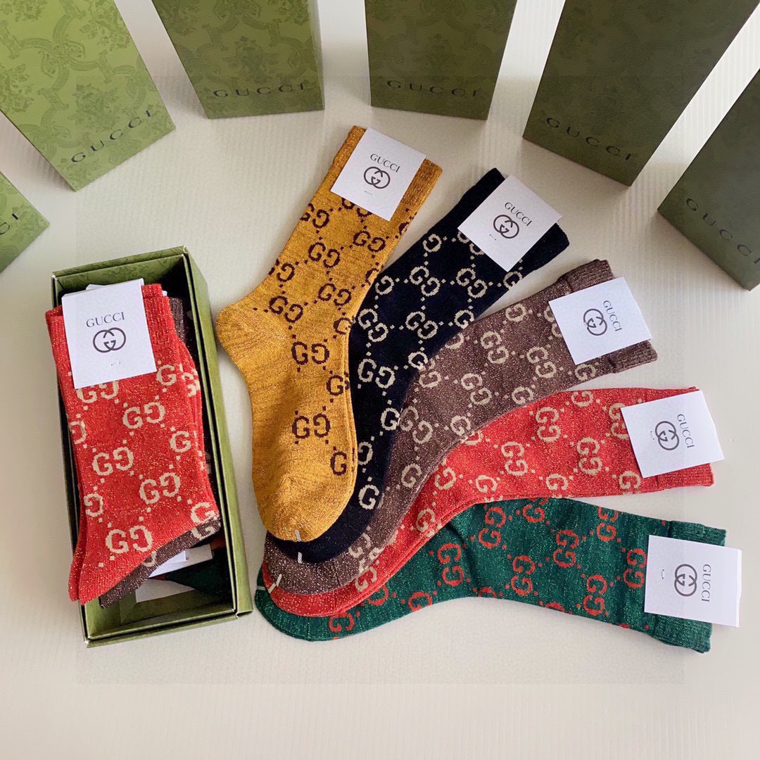💛配专柜包装Gucci（古驰）新款金丝中长款堆堆袜袜子！一盒五双，专柜同步筒袜袜子，💛大牌出街，潮人必备