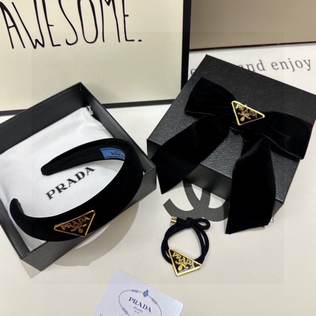 （三件套）配包装Prada（普拉达）爆款出货，名媛新款发圈，发箍，发夹套装