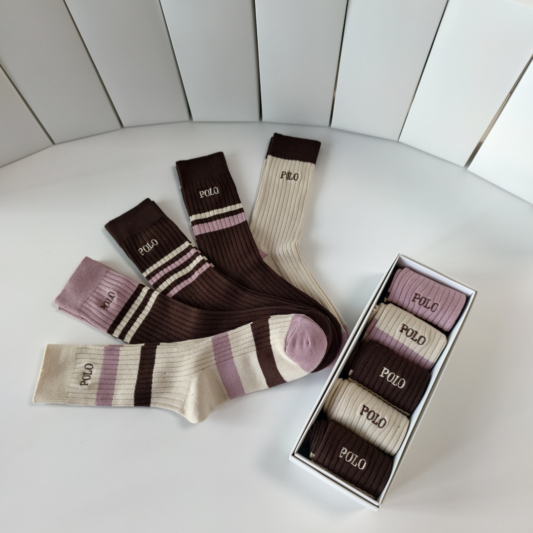 💛配包装POLO （保罗）新款羊绒刺绣中长款堆堆袜袜子！一盒五双， 专柜同步筒款袜子，💛大牌出街，潮人必