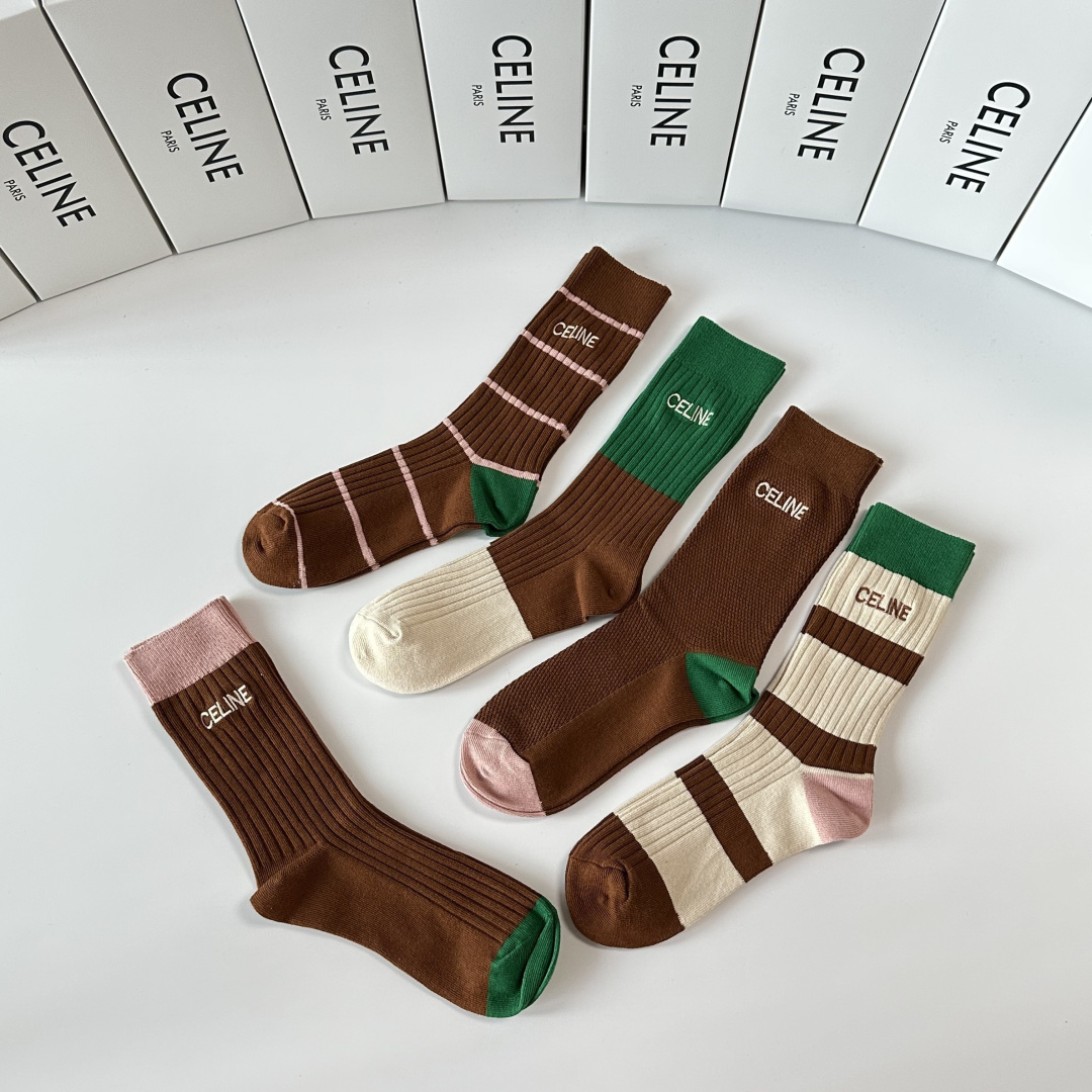 💛配专柜包装Celine（赛琳）新款双针刺绣中长款堆堆袜袜子！一盒五双，专柜同步筒袜袜子，💛大牌出街，潮