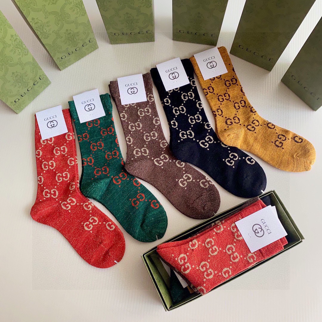 💛配专柜包装Gucci（古驰）新款金丝中长款堆堆袜袜子！一盒五双，专柜同步筒袜袜子，💛大牌出街，潮人必备