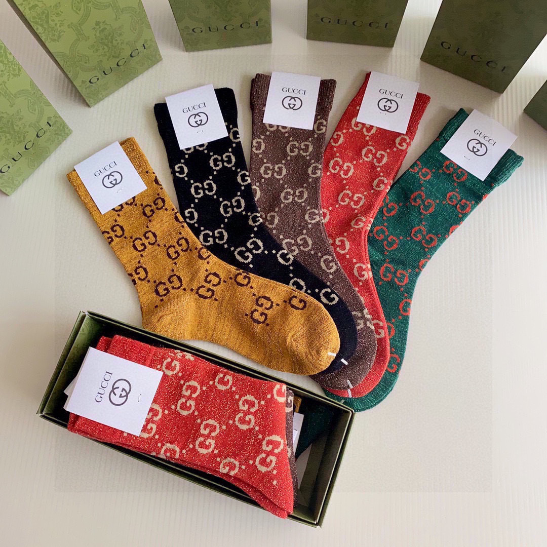 💛配专柜包装Gucci（古驰）新款金丝中长款堆堆袜袜子！一盒五双，专柜同步筒袜袜子，💛大牌出街，潮人必备