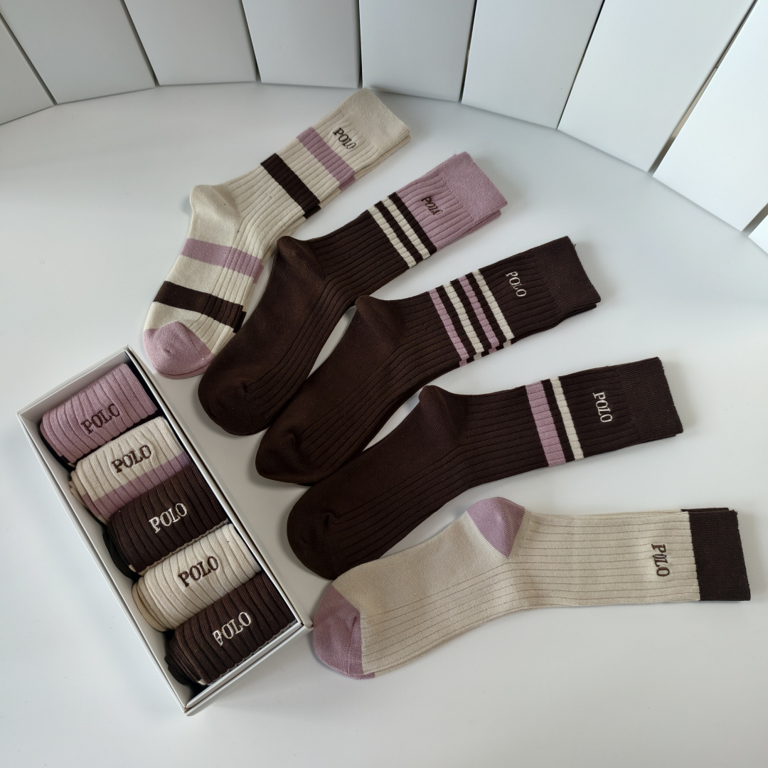 💛配包装POLO （保罗）新款羊绒刺绣中长款堆堆袜袜子！一盒五双， 专柜同步筒款袜子，💛大牌出街，潮人必