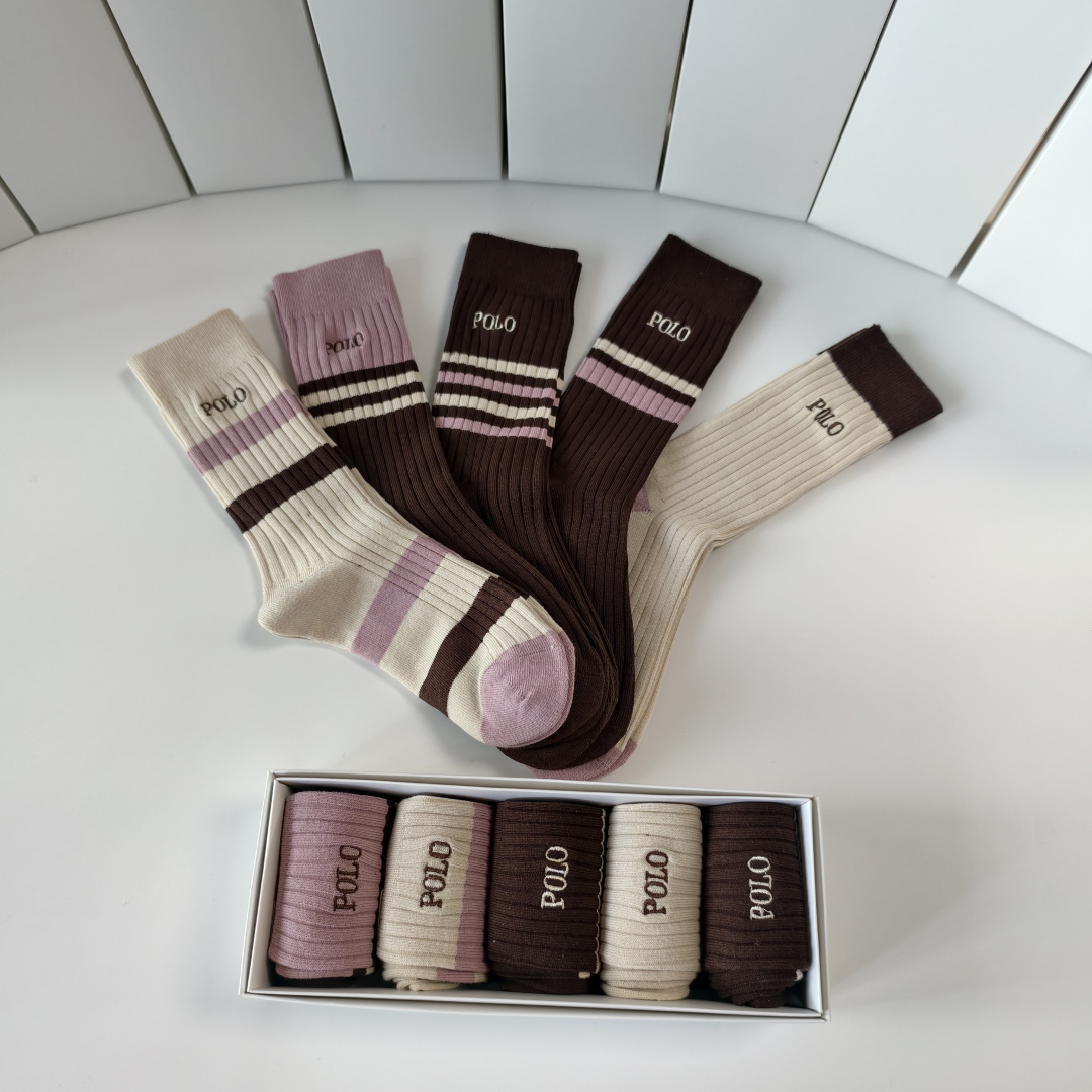 💛配包装POLO （保罗）新款羊绒刺绣中长款堆堆袜袜子！一盒五双， 专柜同步筒款袜子，💛大牌出街，潮人必