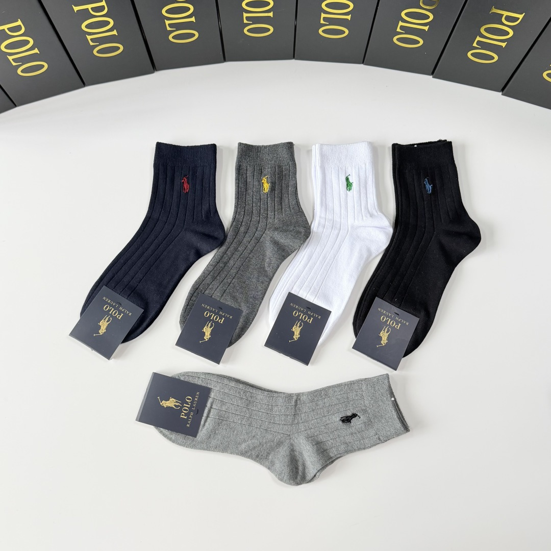 💛配专柜包装POLO（保罗）新款刺绣中长款堆堆袜袜子！一盒五双，专柜同步筒袜袜子，💛大牌出街，潮人必备。
