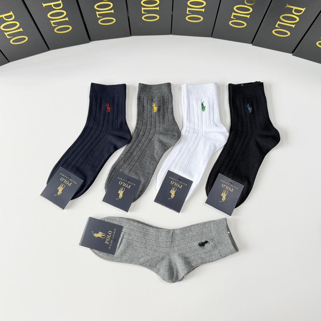 💛配专柜包装 POLO（保罗）新款刺绣中长款堆堆袜袜子！一盒五双，专柜同步筒袜袜子，💛大牌出街，潮人必备。超好搭。
