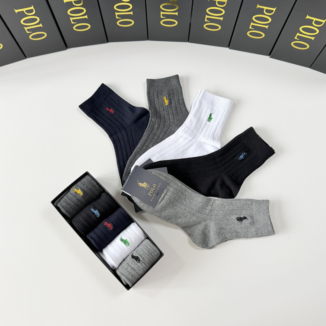 💛配专柜包装 POLO（保罗）新款刺绣中长款堆堆袜袜子！一盒五双，专柜同步筒袜袜子，💛大牌出街，潮人必备。超好搭。