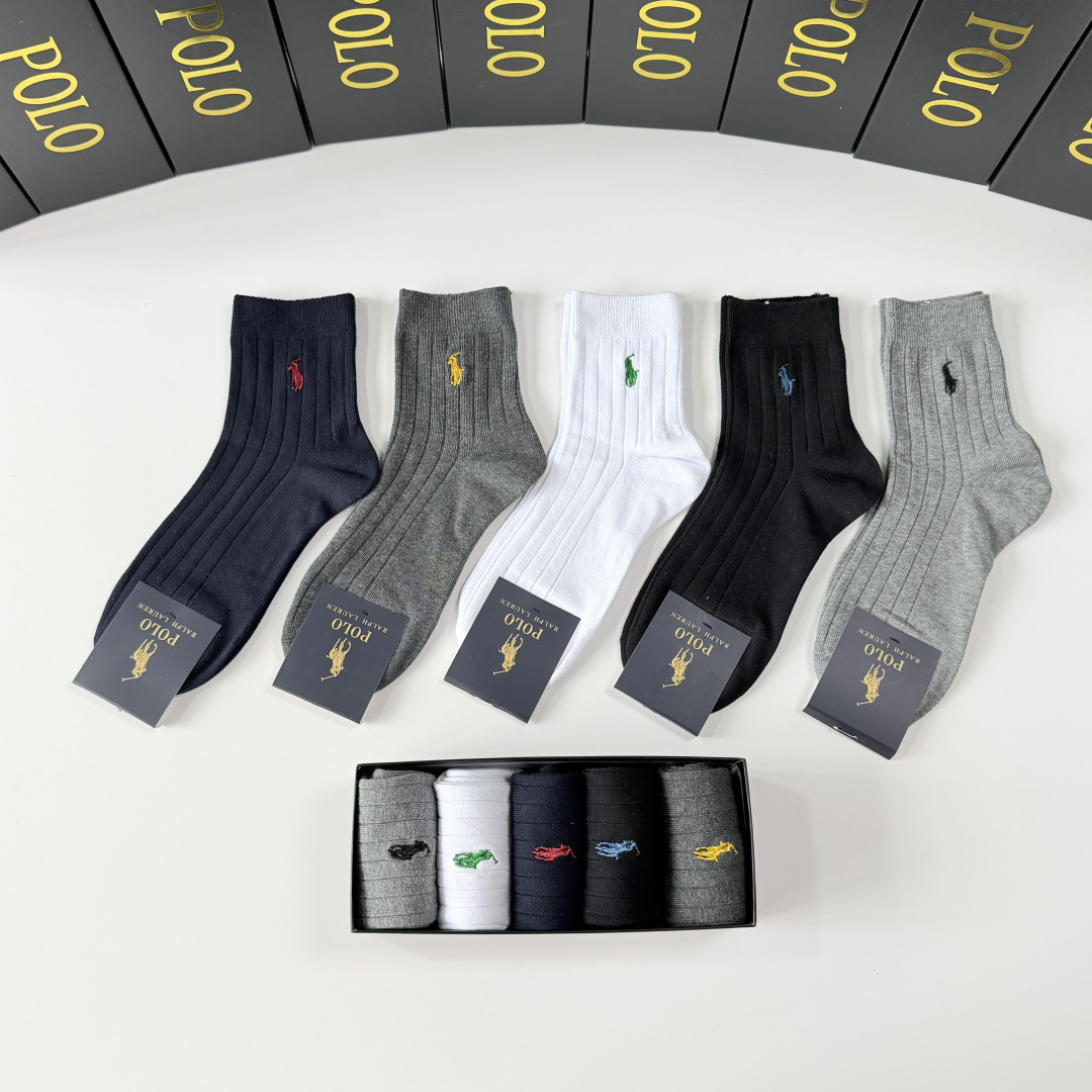 💛配专柜包装 POLO（保罗）新款刺绣中长款堆堆袜袜子！一盒五双，专柜同步筒袜袜子，💛大牌出街，潮人必备。超好搭。