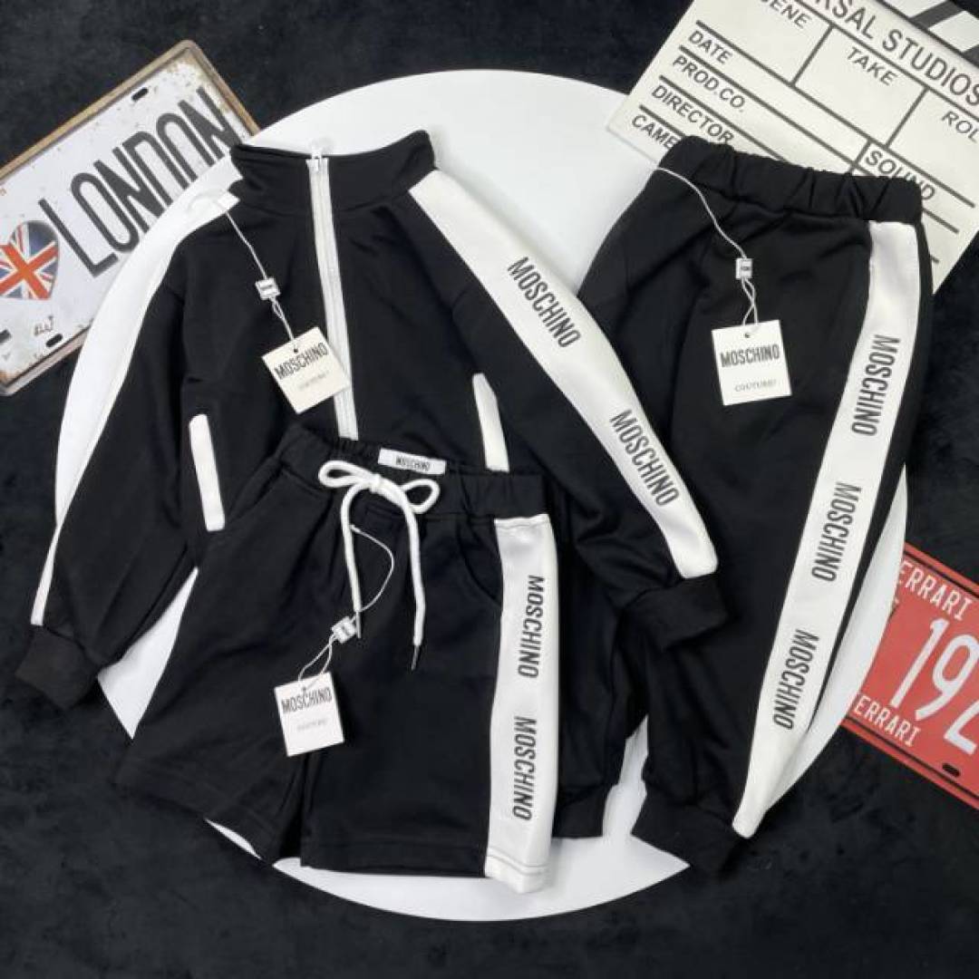 🌐 Moschino ♻️ Conjunto de tres piezas (90-150) ♻️ Chaqueta (90-120) ♻️ Pantalones largos (90-120) ♻️ Pantalones cortos…