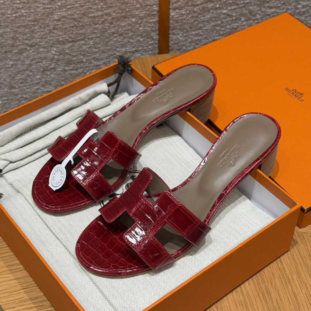 HERMES 악어가죽 Oasis Epsom 슬리퍼 원스트랩 슬리퍼 여성용 봄가을용 패션 클래식 악어가죽 희귀가죽