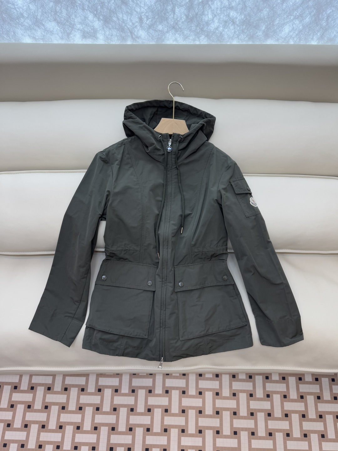 M2362#新款外套PMon 蒙口 显瘦拉链款带帽 外套 军绿色 卡其 粉色 1-2-3码