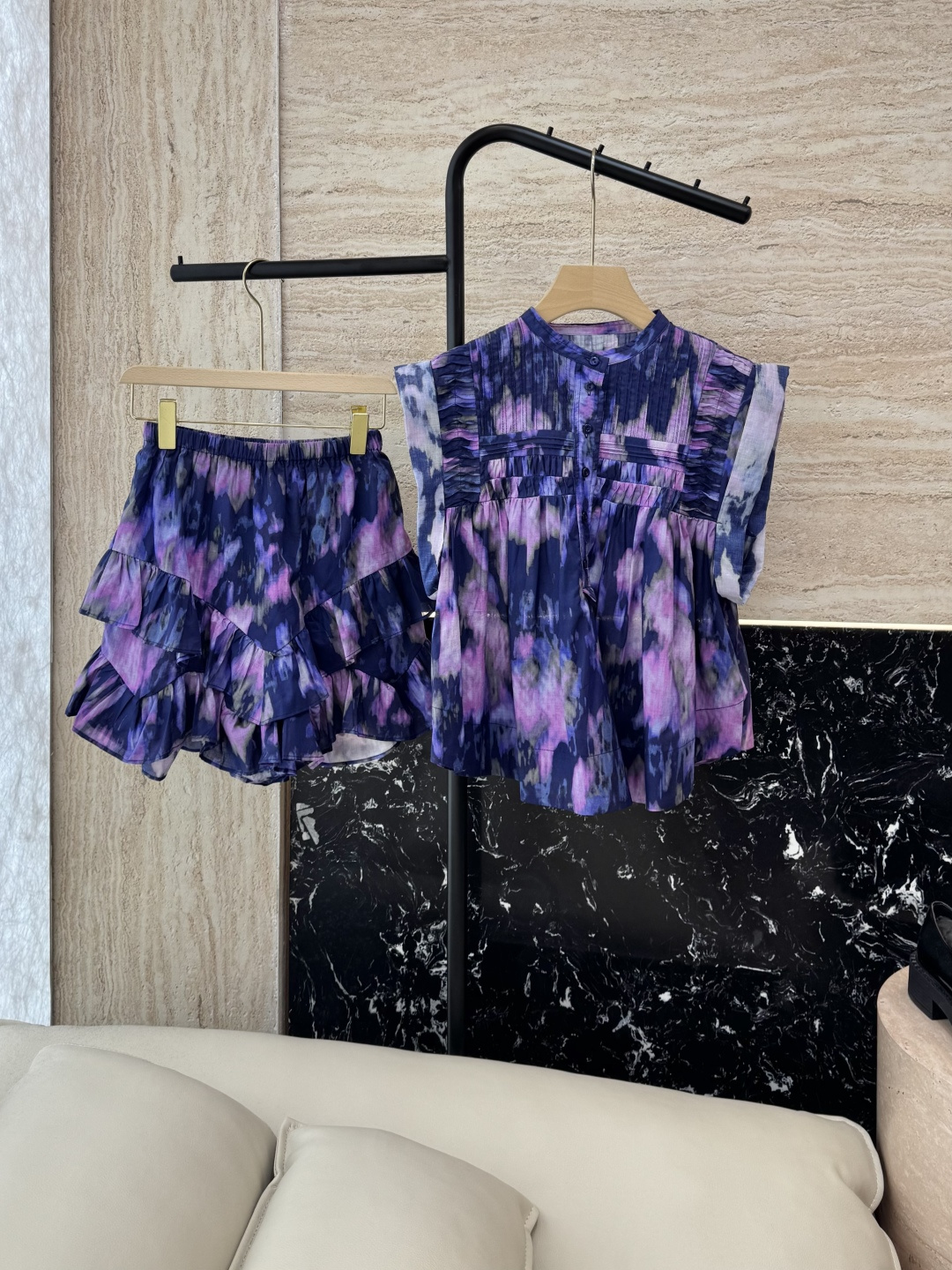 NO:319254,AX003# new suit Zimm… Cotton tie-dye printing Ruffled palace style top skirt suit blue purple SML, skirts, alexander wang19860909AX003#新款套装 Zimm… 棉扎染印花 荷叶边宫廷风 上衣半裙 套装 蓝紫色 SML,,skirts,alexander wang,Women's clothing