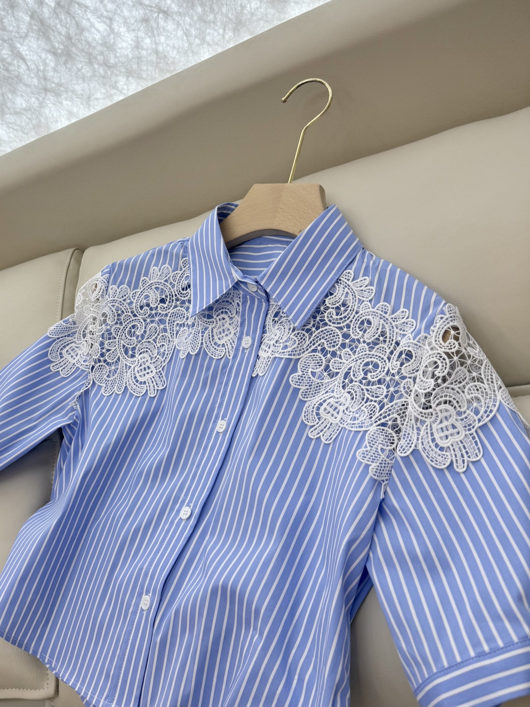 CY007#新款衬衫。ES 风 镂空 蕾丝花边 短袖 衬衫 蓝色 SML