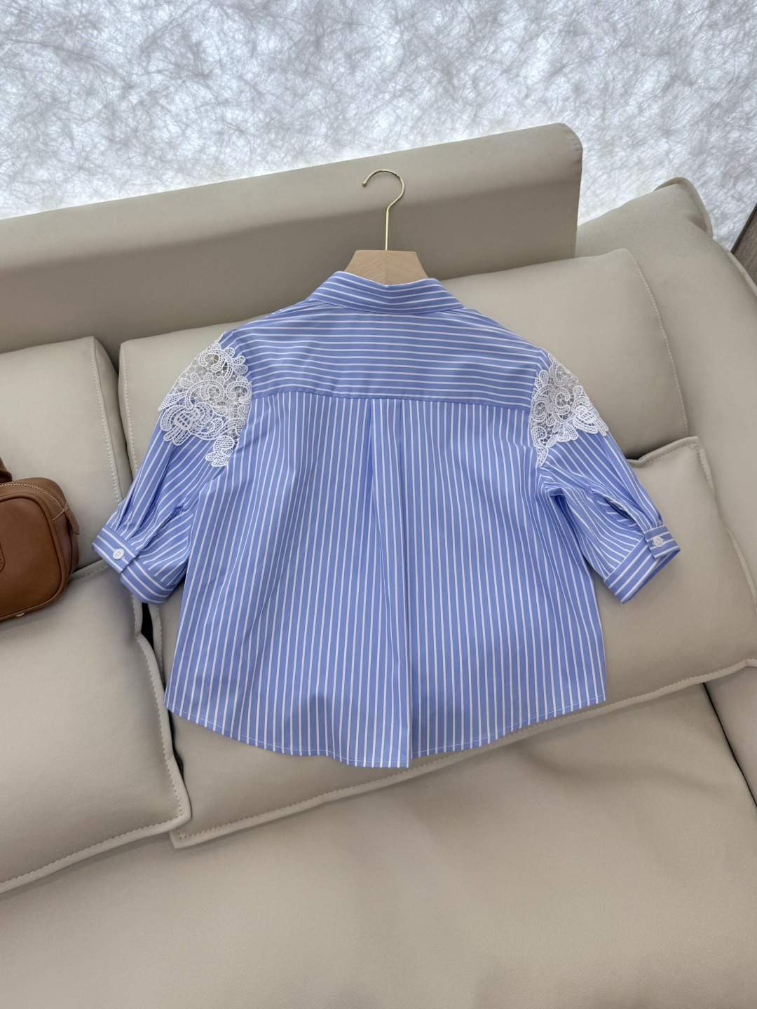 CY007#新款衬衫。ES 风 镂空 蕾丝花边 短袖 衬衫 蓝色 SML