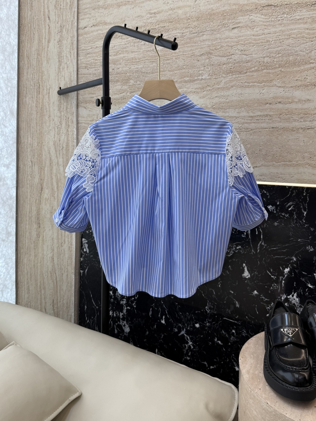 CY007#新款衬衫。ES 风 镂空 蕾丝花边 短袖 衬衫 蓝色 SML