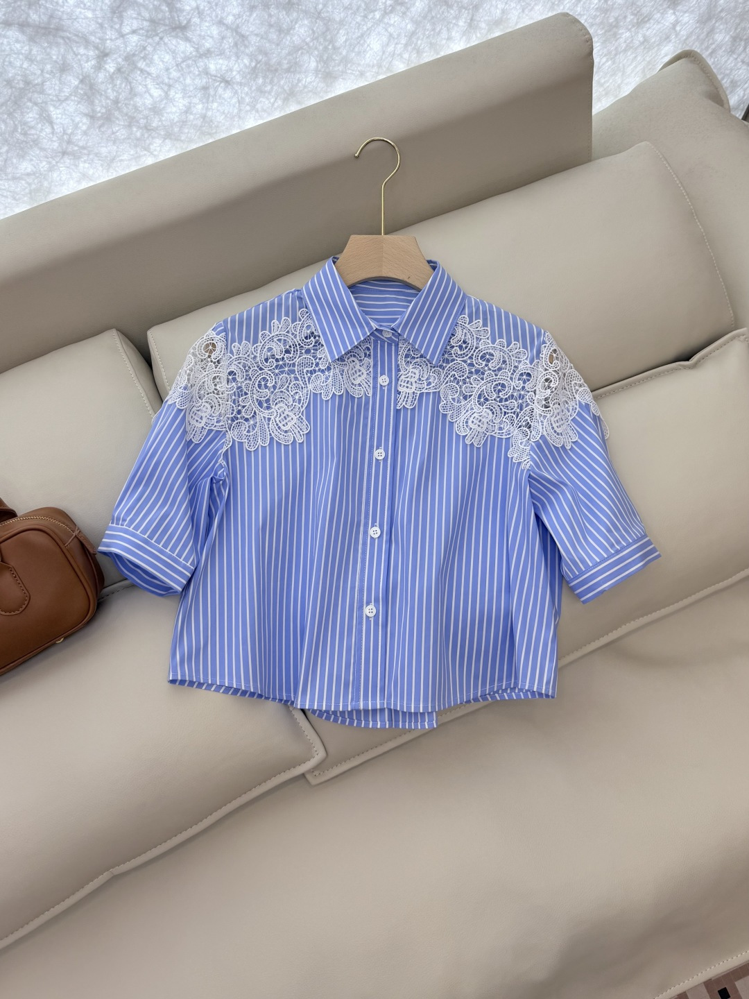 CY007#新款衬衫。ES 风 镂空 蕾丝花边 短袖 衬衫 蓝色 SML