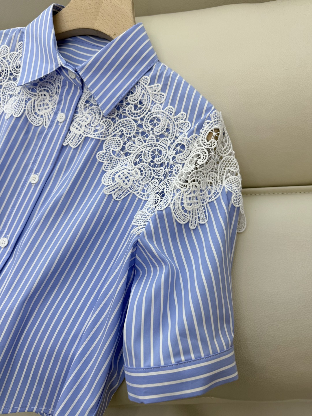 CY007#新款衬衫。ES 风 镂空 蕾丝花边 短袖 衬衫 蓝色 SML