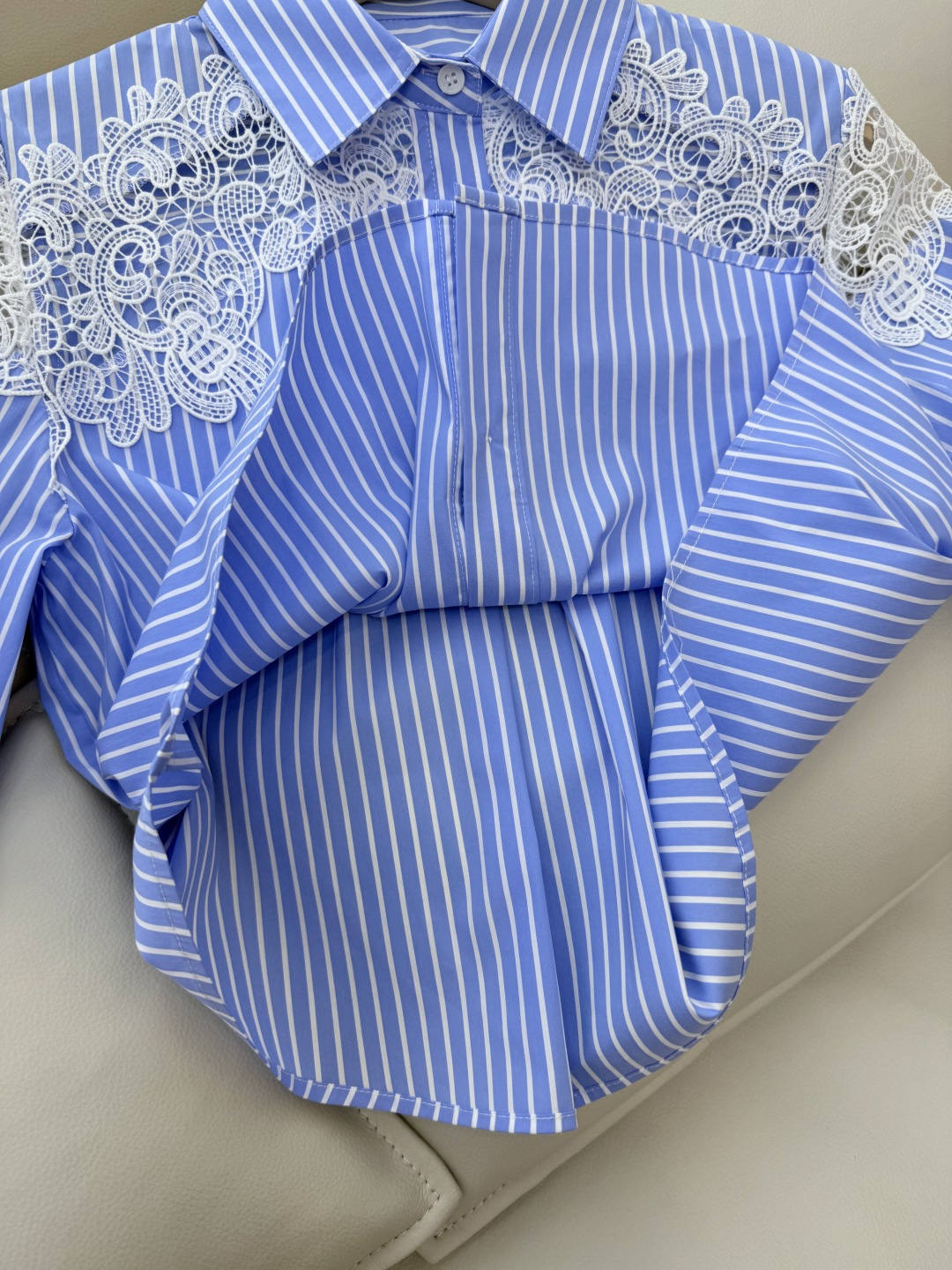 CY007#新款衬衫。ES 风 镂空 蕾丝花边 短袖 衬衫 蓝色 SML