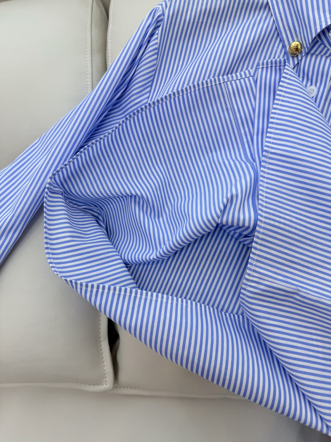 CY013#新款衬衫。PR 字母印花 金色扣 长袖衬衫 蓝色条纹 SML