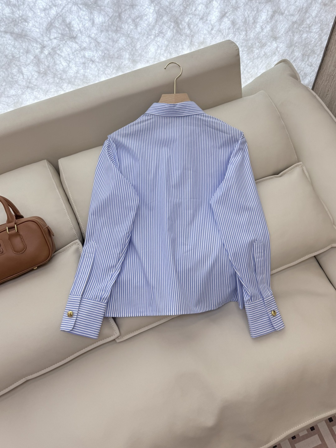 CY013#新款衬衫。PR 字母印花 金色扣 长袖衬衫 蓝色条纹 SML