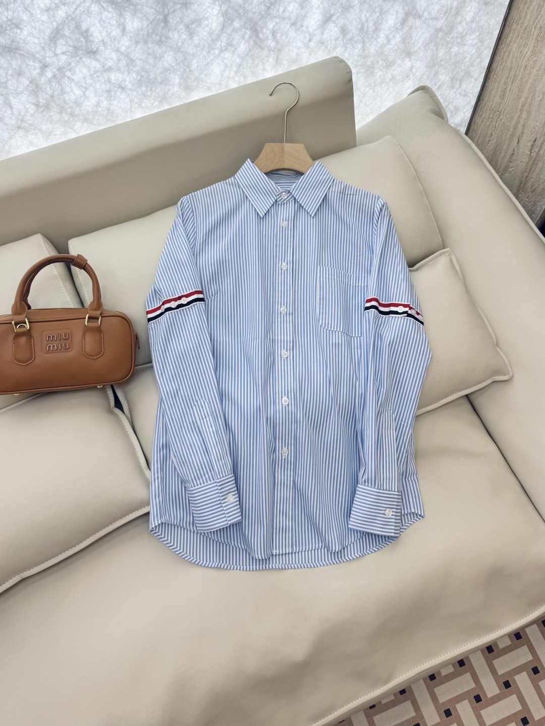 CY033#新款衬衫。TB 红黑白杠 极简风 条纹长袖衬衫 蓝色 SML