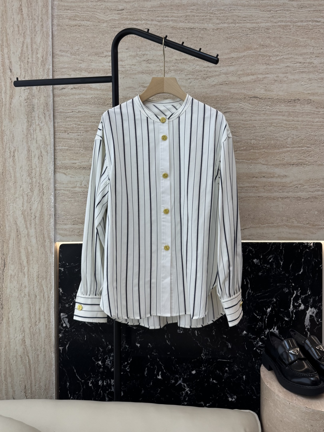 NO:326789,DG006# new shirt cotton gold button striped collarless long-sleeved shirt SML, shirts, alexander wang19860909DG006#新款衬衫 棉 金扣子条纹无领长袖衬衫 SML,,shirts,alexander wang,Women's clothing