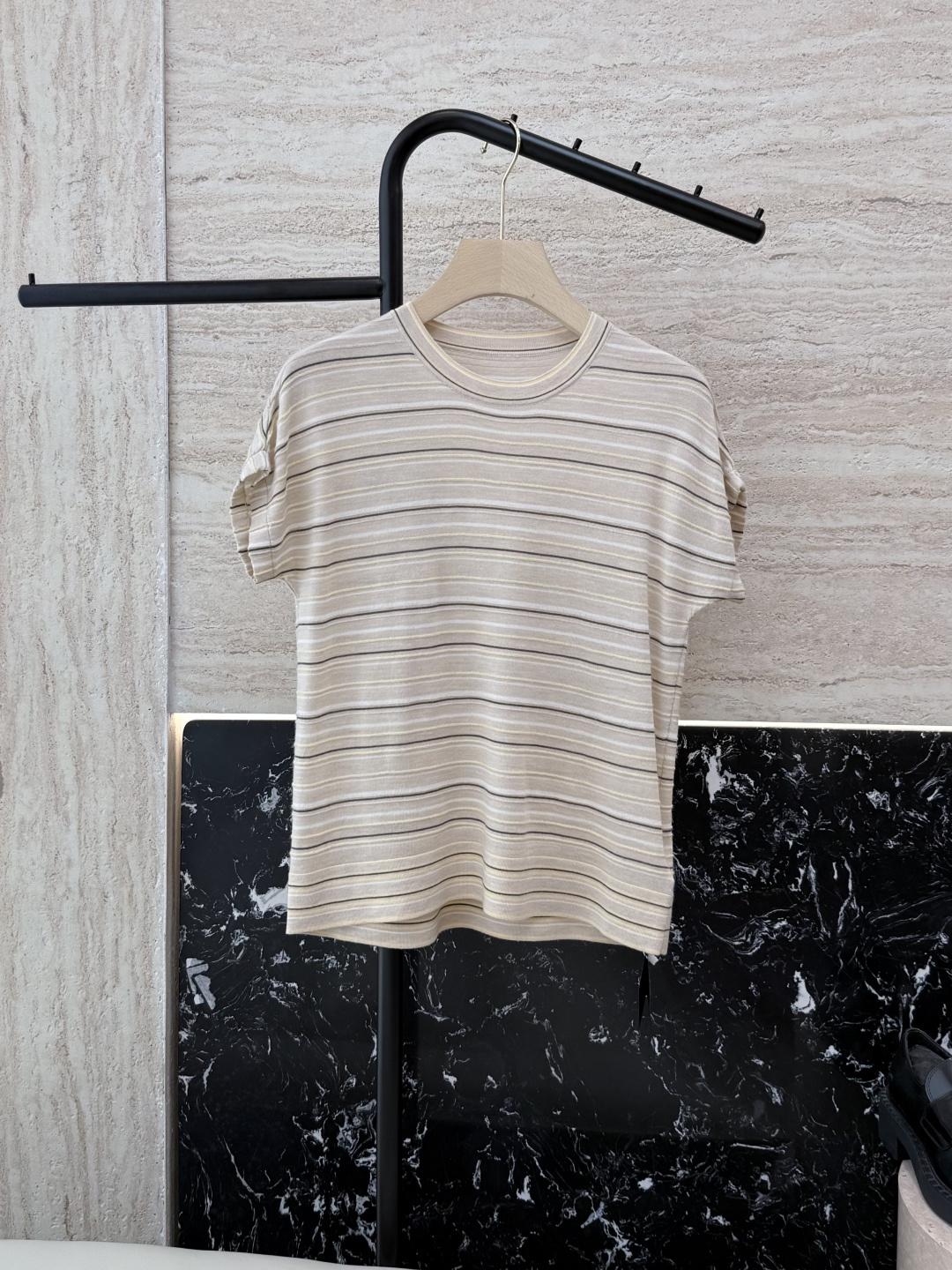 NO:319267,24005B# new knitted sweater LP wool short-sleeved striped sweater Apricot SML, loro piano, T-shirt, alexander wang1986090924005B#新款针织衫 LP 羊毛 短袖条纹 针织衫 杏色 SML,,loro piana,T-shirt,alexander wang,Women's clothing