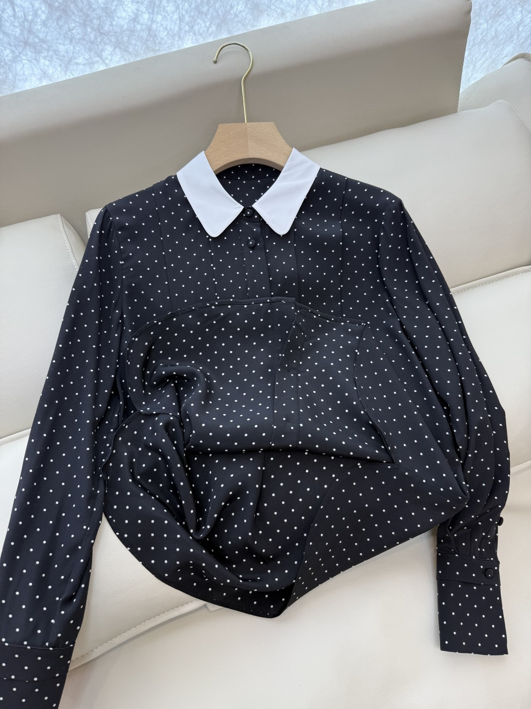 BS692#新款衬衫💕之禾 撞色小翻领 波点小圆点印花 100% 真丝衬衫 黑色 36/38/40/42