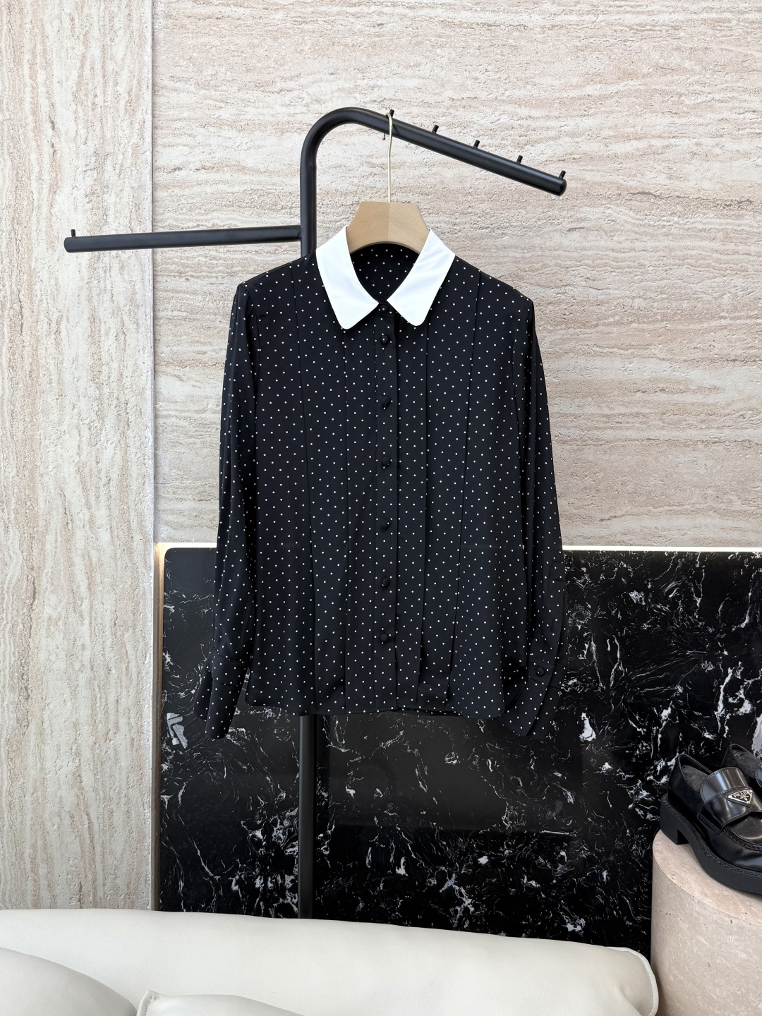 BS692#新款衬衫💕之禾 撞色小翻领 波点小圆点印花 100% 真丝衬衫 黑色 36/38/40/42